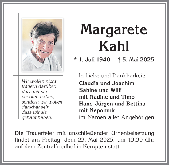Traueranzeige von Margarete Kahl von Allgäuer Zeitung,Kempten