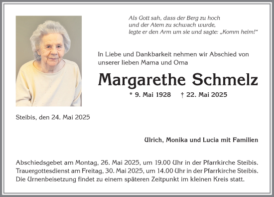 Traueranzeige von Margarethe Schmelz von Allgäuer Anzeigeblatt