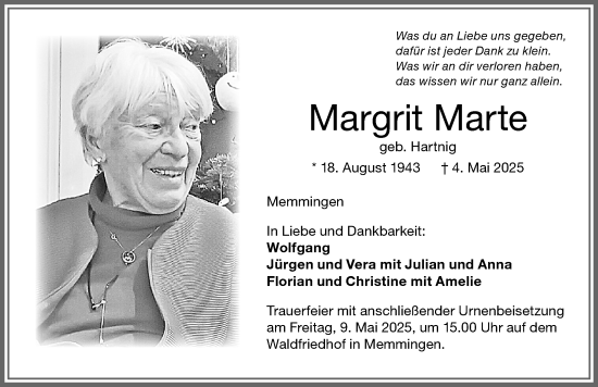 Traueranzeige von Margrit Marte von Memminger Zeitung