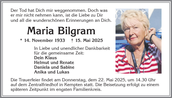 Traueranzeige von Maria Bilgram von Allgäuer Zeitung,Kempten