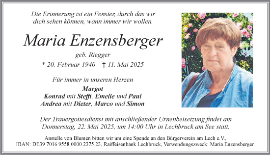 Traueranzeige von Maria Enzensberger von Allgäuer Zeitung, Füssen