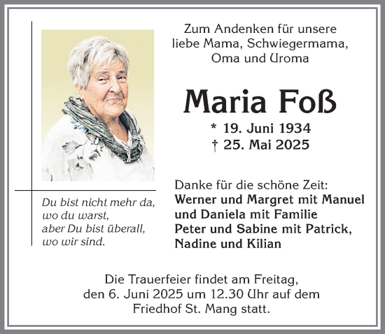 Traueranzeige von Maria Foß von Allgäuer Zeitung,Kempten