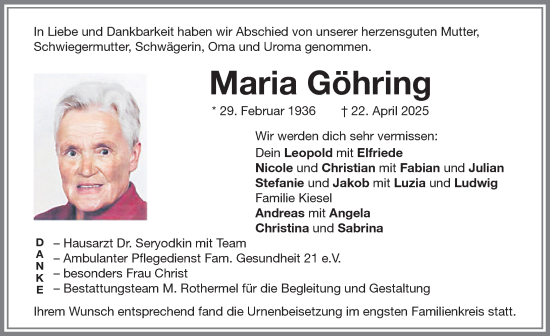 Traueranzeige von Maria Göhring von Memminger Zeitung