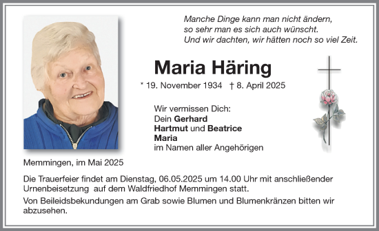 Traueranzeige von Maria Häring von Memminger Zeitung
