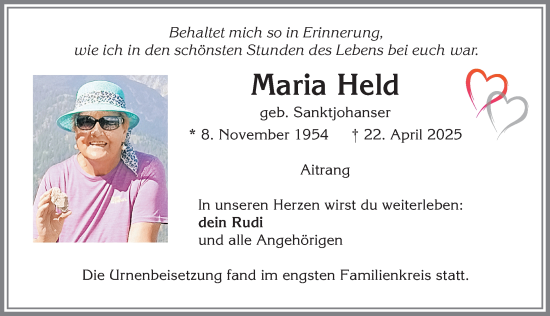 Traueranzeige von Maria Held von Allgäuer Zeitung, Marktoberdorf