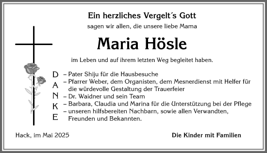 Traueranzeige von Maria Hösle von Allgäuer Zeitung, Füssen