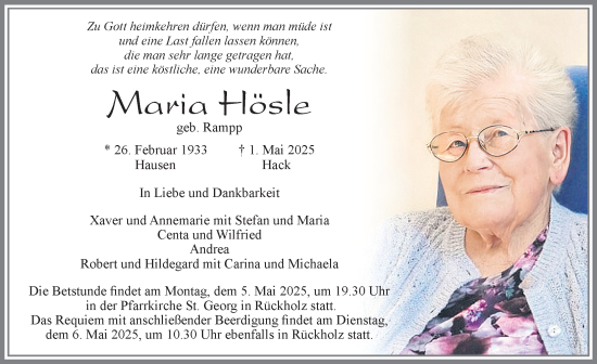 Traueranzeige von Maria Hösle von Allgäuer Zeitung, Füssen