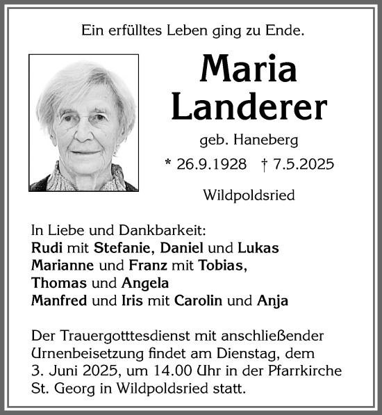 Traueranzeige von Maria Landerer von Allgäuer Zeitung,Kempten