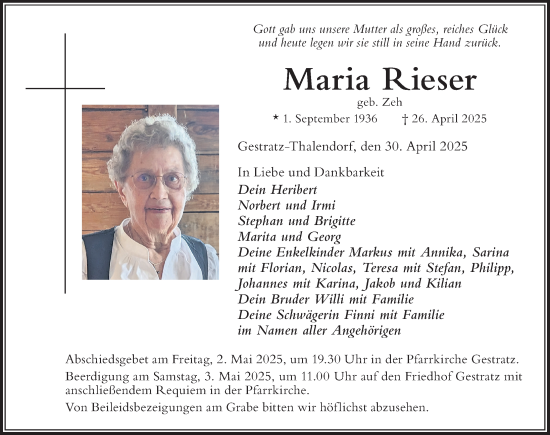 Traueranzeige von Maria Rieser von Der Westallgäuer