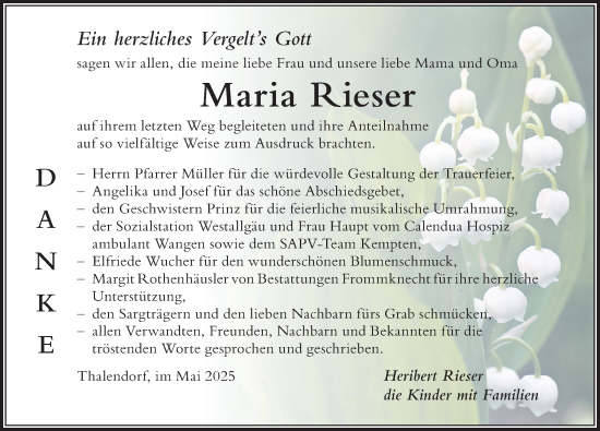 Traueranzeige von Maria Rieser von Der Westallgäuer