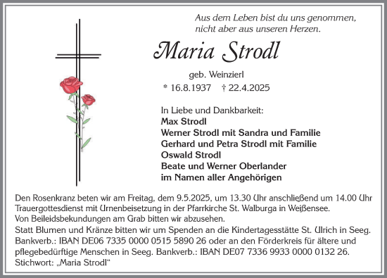 Traueranzeige von Maria Strodl von Allgäuer Zeitung, Füssen