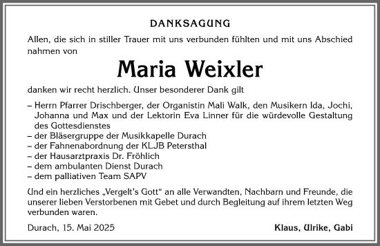 Traueranzeige von Maria Weixler von Allgäuer Zeitung,Kempten