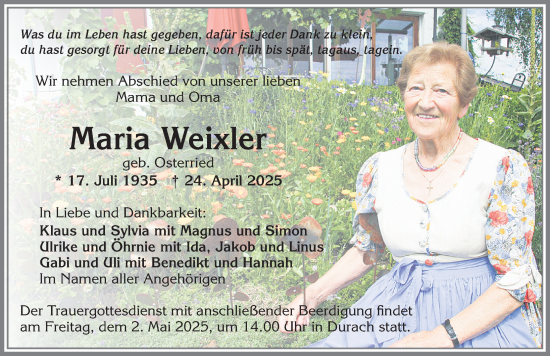 Traueranzeige von Maria Weixler von Allgäuer Anzeigeblatt