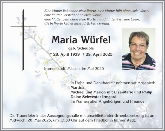 Traueranzeige von Maria Würfel von Allgäuer Anzeigeblatt