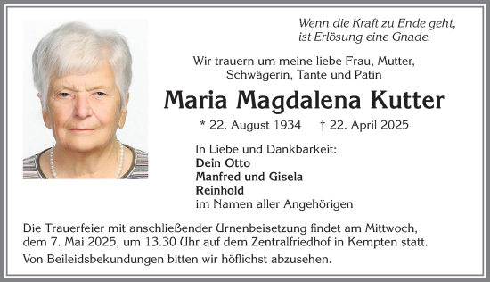 Traueranzeige von Maria Magdalena Kutter von Allgäuer Zeitung,Kempten