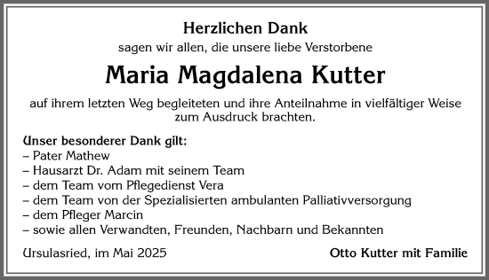 Traueranzeige von Maria Magdalena Kutter von Allgäuer Zeitung,Kempten