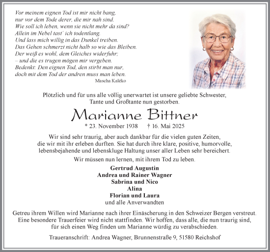 Traueranzeige von Marianne Bittner von Allgäuer Zeitung, Füssen