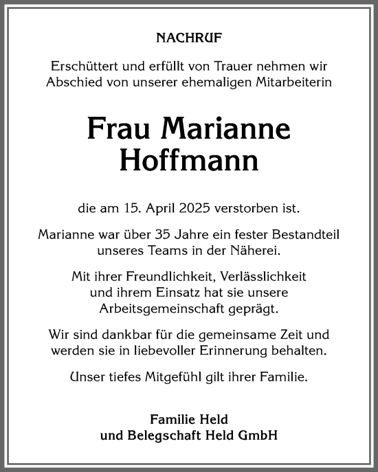Traueranzeige von Marianne Hoffmann von Allgäuer Anzeigeblatt