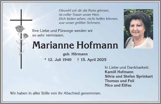 Traueranzeige von Marianne Hofmann von Allgäuer Anzeigeblatt