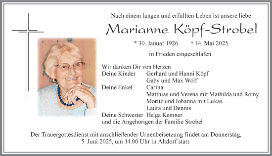 Traueranzeige von Marianne Köpf-Strobel von Allgäuer Zeitung, Marktoberdorf