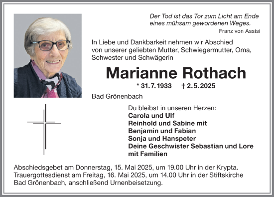 Traueranzeige von Marianne Rothach von Memminger Zeitung