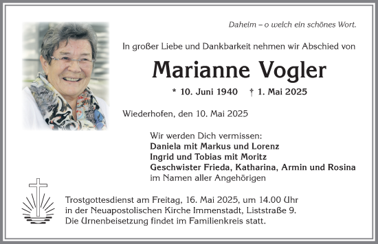 Traueranzeige von Marianne Vogler von Allgäuer Anzeigeblatt
