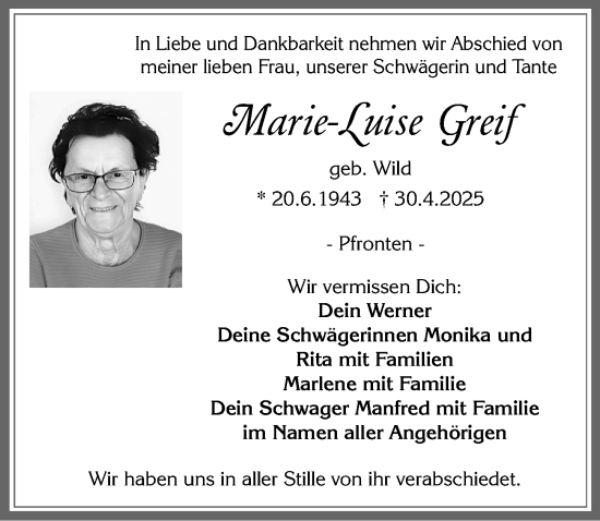 Traueranzeige von Marie-Luise Greif von Allgäuer Zeitung, Füssen