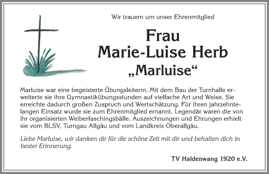 Traueranzeige von Marie-Luise Herb von Allgäuer Zeitung,Kempten