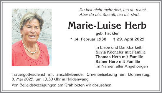 Traueranzeige von Marie-Luise Herb von Allgäuer Zeitung,Kempten