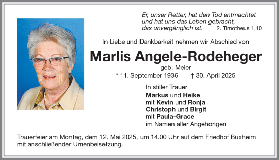 Traueranzeige von Marlis Angele-Rodeheger von Memminger Zeitung