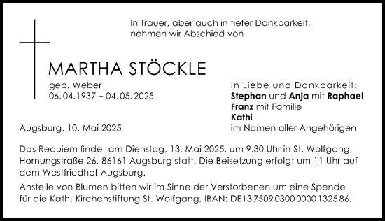 Traueranzeige von Martha Stöckle von Augsburger Allgemeine