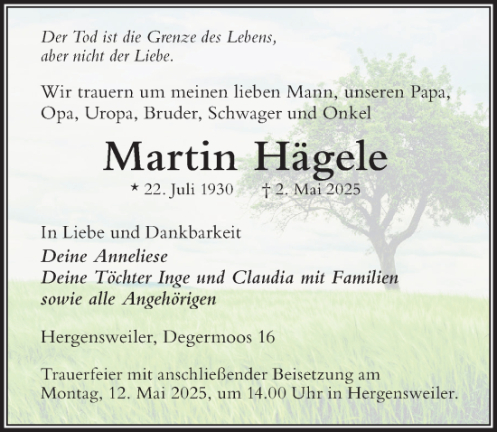 Traueranzeige von Martin Hägele von Der Westallgäuer