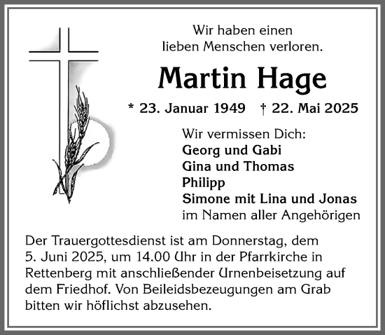 Traueranzeige von Martin Hage von Allgäuer Anzeigeblatt