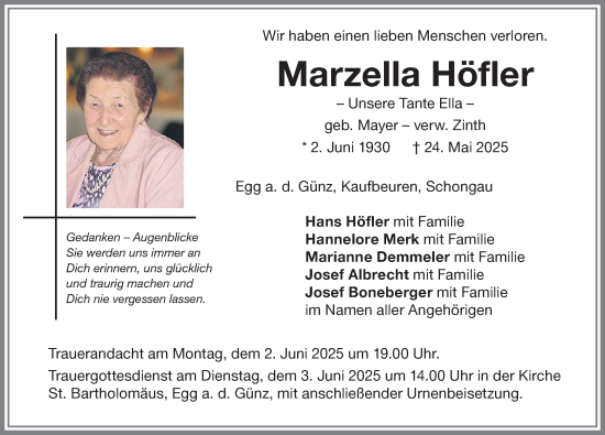 Traueranzeige von Marzella Höfler von Memminger Zeitung