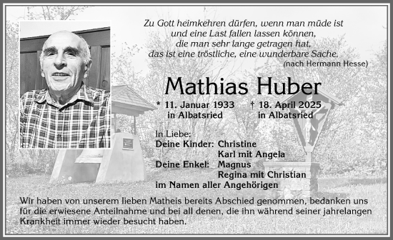 Traueranzeige von Mathias Huber von Allgäuer Zeitung, Füssen