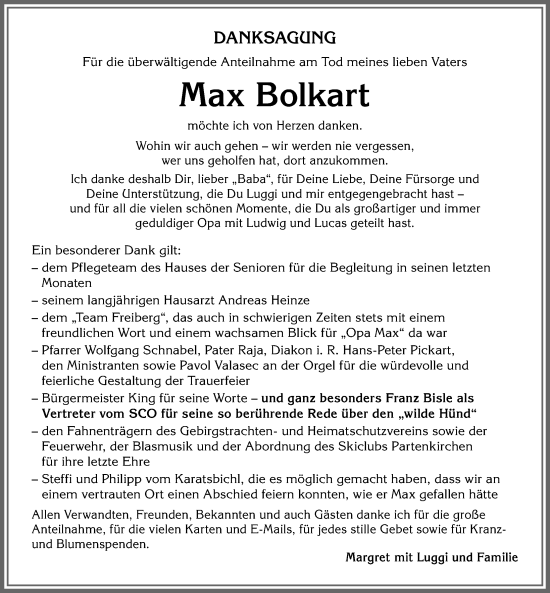 Traueranzeige von Max Bolkart von Allgäuer Anzeigeblatt