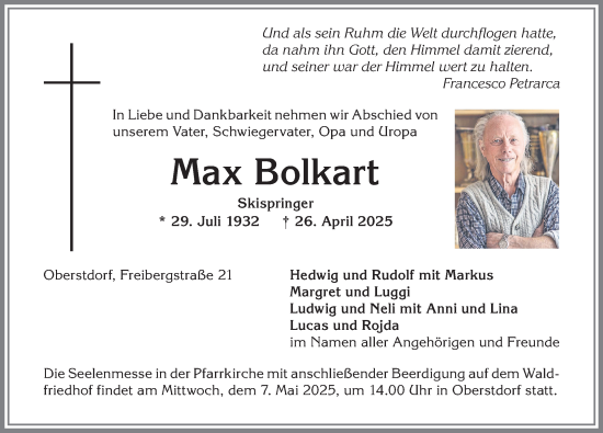 Traueranzeige von Max Bolkart von Allgäuer Anzeigeblatt