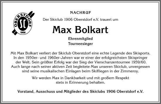 Traueranzeige von Max Bolkart von Allgäuer Anzeigeblatt