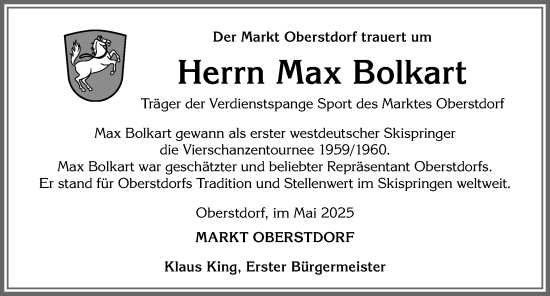 Traueranzeige von Max Bolkart von Allgäuer Anzeigeblatt