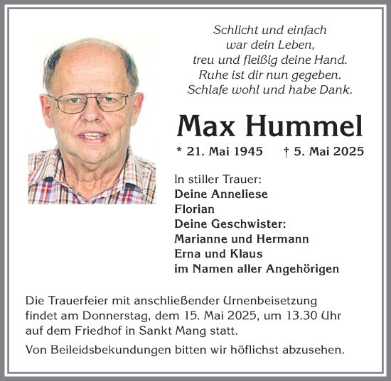 Traueranzeige von Max Hummel von Allgäuer Zeitung,Kempten