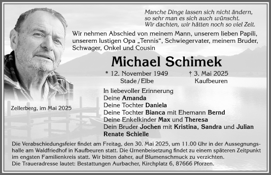Traueranzeige von Michael Schimek von Allgäuer Zeitung, Kaufbeuren/Buchloe