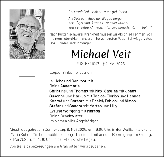 Traueranzeige von Michael Veit von Memminger Zeitung