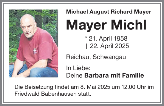 Traueranzeige von Michael August Richard Mayer von Allgäuer Zeitung, Füssen
