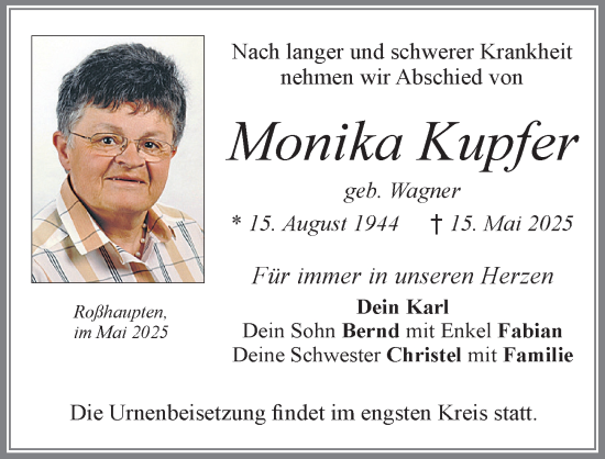 Traueranzeige von Monika Kupfer von Allgäuer Zeitung, Füssen