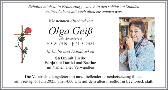 Traueranzeige von Olga Geiß von Allgäuer Zeitung, Füssen