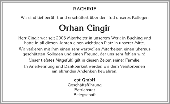 Traueranzeige von Orhan Cingir von Allgäuer Zeitung, Füssen