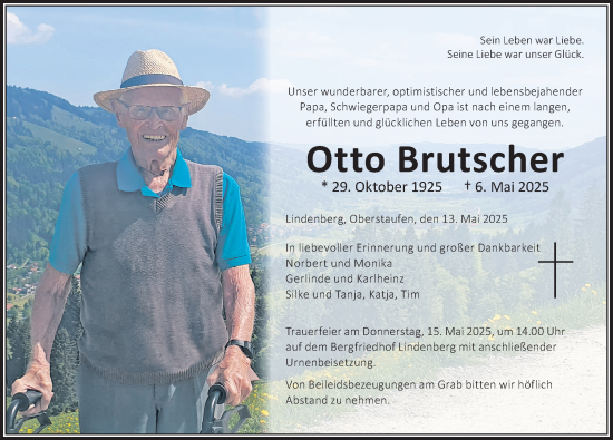 Traueranzeige von Otto Brutscher von Der Westallgäuer