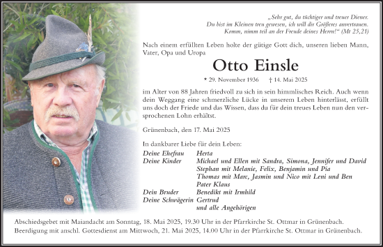 Traueranzeige von Otto Einsle von Der Westallgäuer