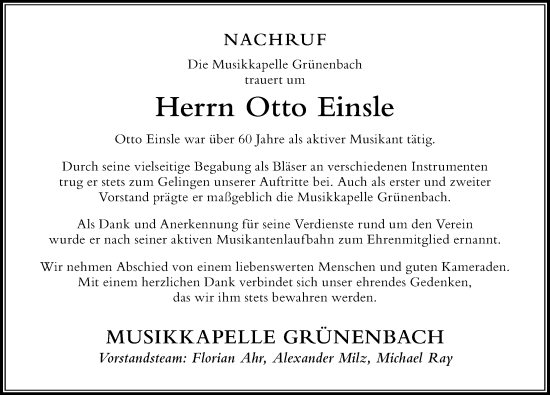 Traueranzeige von Otto Einsle von Der Westallgäuer