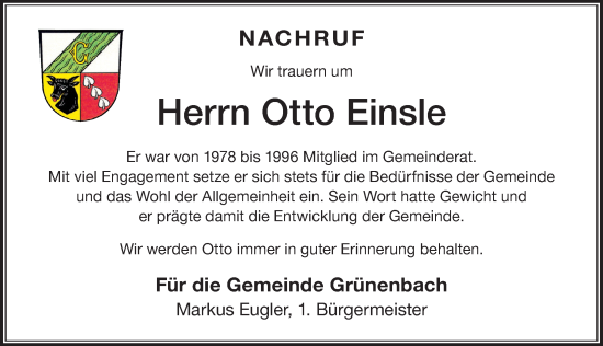 Traueranzeige von Otto Einsle von Der Westallgäuer